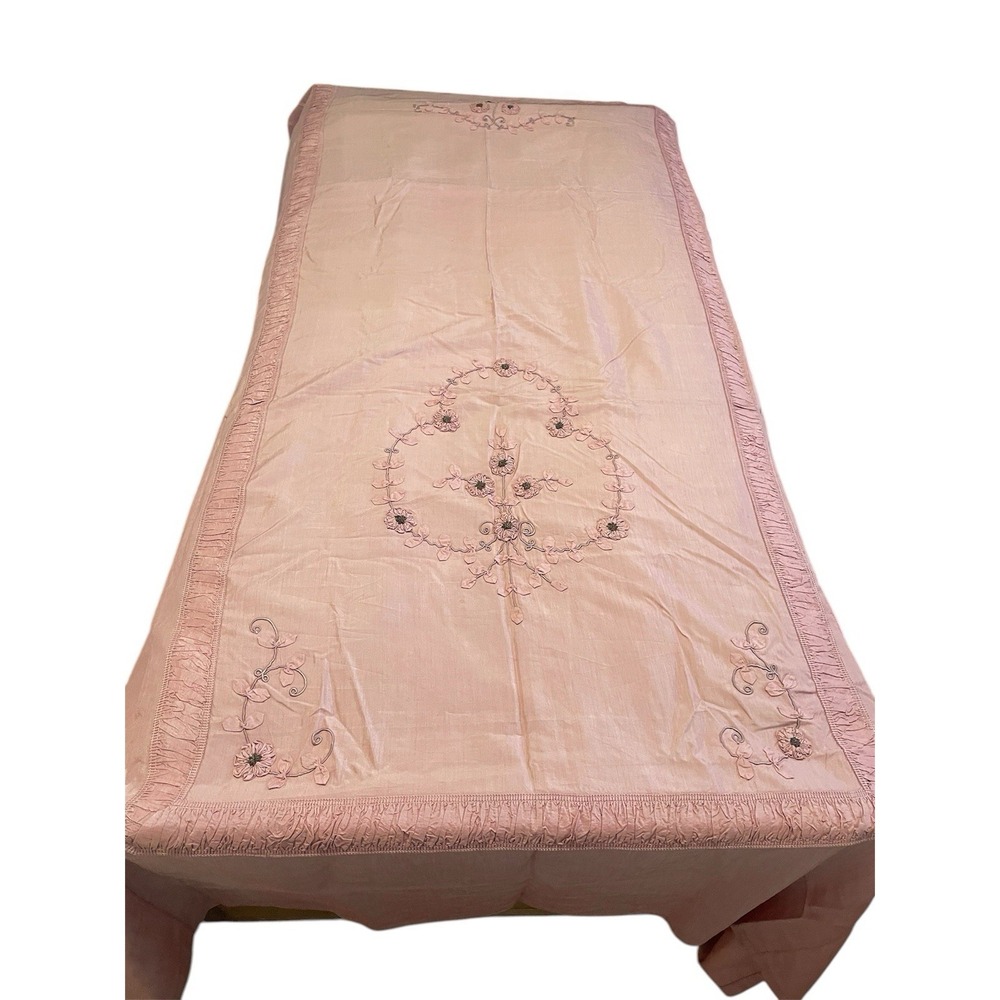 Antique Twin Coverlet Set Of 2 Pink Embroidered Appliqué Washed Silk Bedspreads
